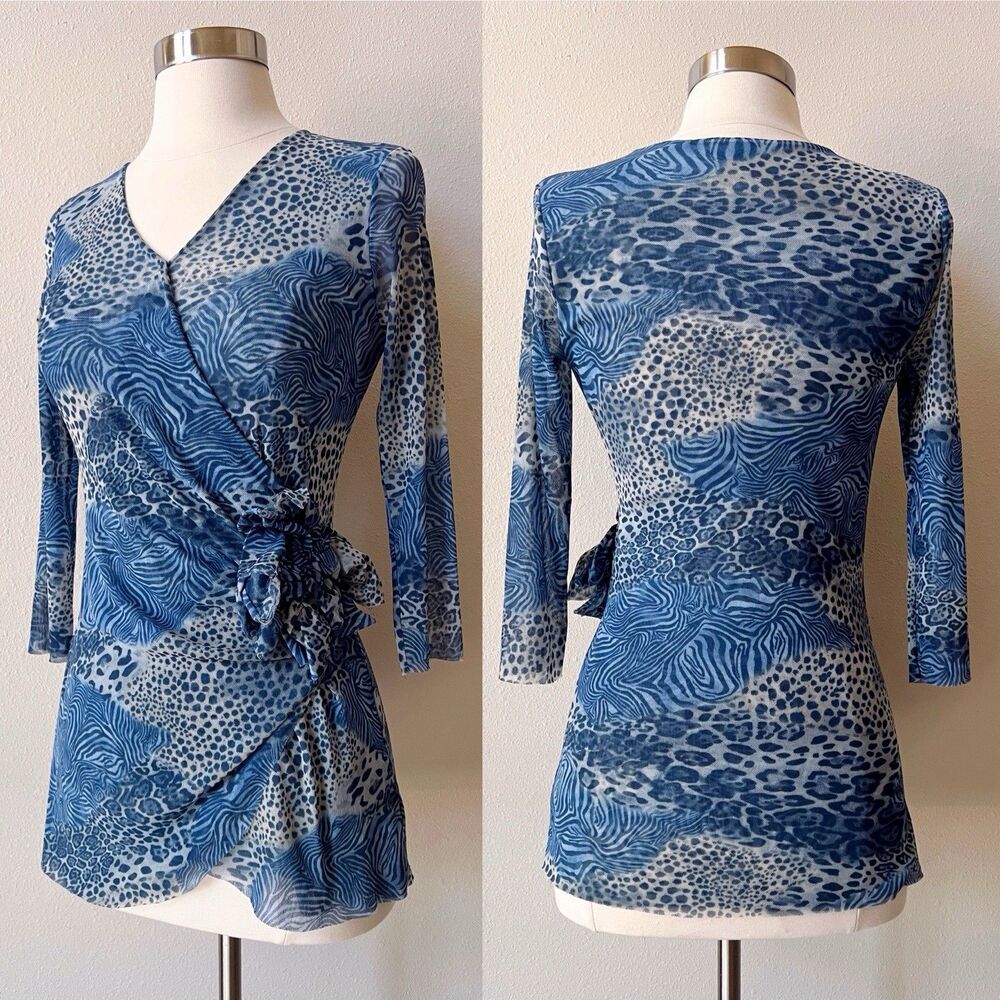 Vintage Y2K Johnny Heaven Blue Nylon Mesh Faux Wrap Animal Print Top Medium